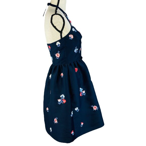 Kate Spade SZ 2 Halter Mini Dress Pom Floral Embroidered Fit 'n Flare Lined Blue - Picture 3 of 11